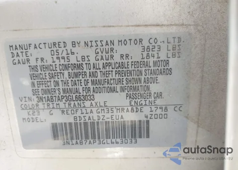 2016 Nissan Sentra Fe+ S/S/Sl/Sr/Sv z USA, uszkodzony, nr VIN 3N1AB7AP3GL663033